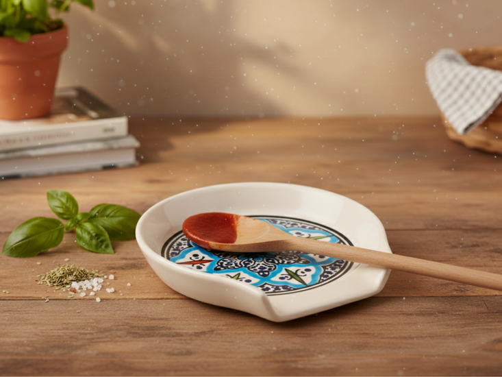 Dishes &amp; Deco Lepelhouder - Turquoise Blue Fine 12,5 x 12 cm  - Handbeschilderd Keramiek