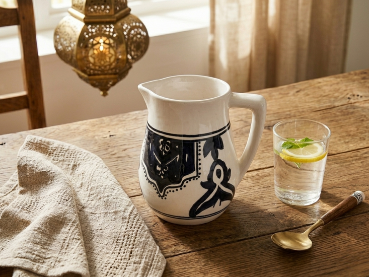 Dishes &amp; Deco Waterkan Black Fond zwart wit 1 liter 17x17 cm - handgemaakt