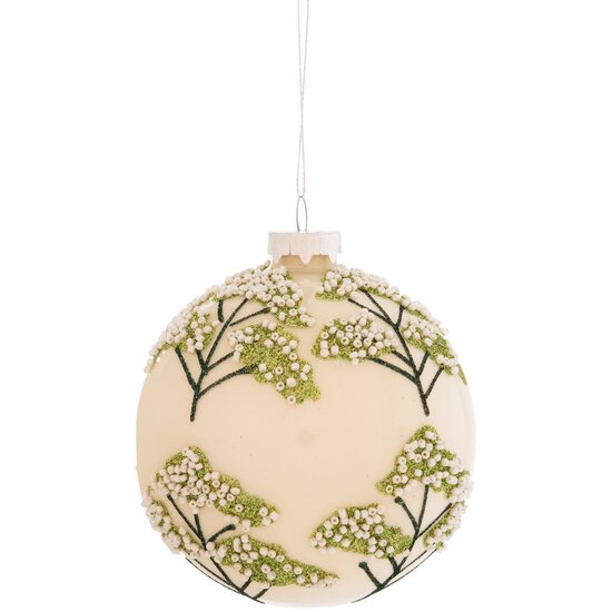 Dekoratief | Hanger bal m/takjes/kralen, ivoor/groen, glas, 8x8x8cm | A269042