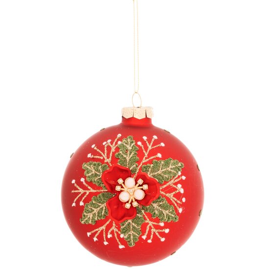 Dekoratief | Hanger bal m/bloem, rood/groen, glas, 8x8x8cm | A269040