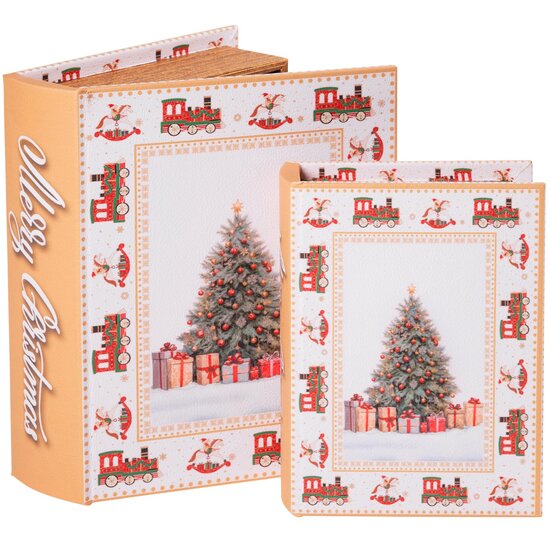 Dekoratief | Set 2 boekdozen 'Christmas Morning', hout/pvc, 22x17x6cm | A269011