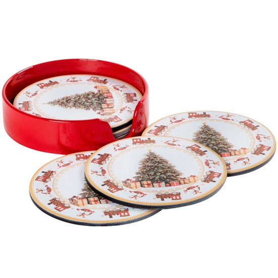 Dekoratief | Set 6 coasters 'Christmas Morning', rood/wit, pvc, 10x10x4cm | A269008