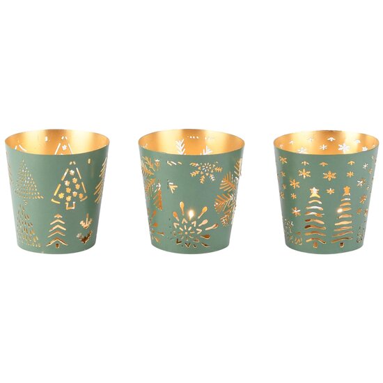 Dekoratief | Theelichthouder 'Winter', groen/goud, metaal, 8x6x8cm, set van 3 stuks | A268196