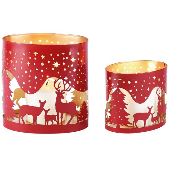 Dekoratief | Set 2 Waxinelichthouders 'Woodland Family', rood/goud, metaal, 14x10x15cm | A268195