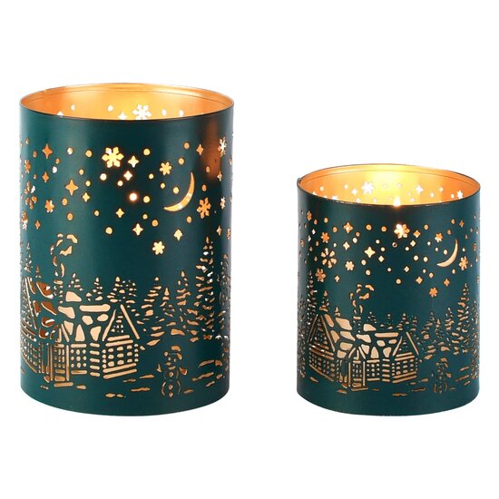 Dekoratief | Set 2 Waxinelichthouders 'Cosy Night', groen/goud, metaal, 10x10x14cm | A268192