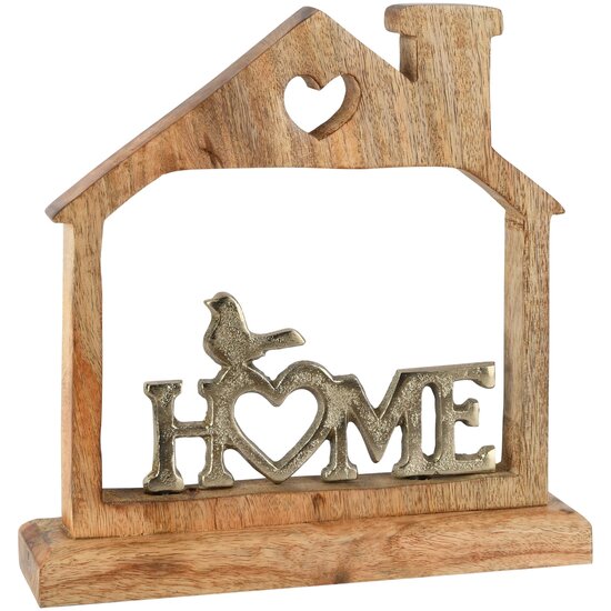 Dekoratief | Deco huis m/vogeltje 'Home', naturel, hout/metaal, 19x5x19cm | A268187