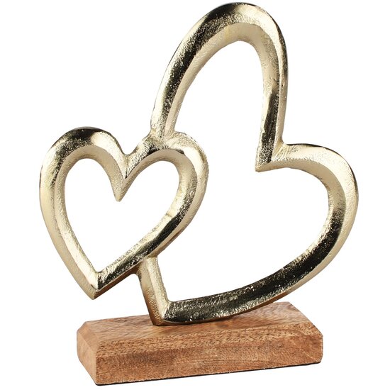 Dekoratief | Deco duo harten op voet, goud, metaal/hout, 18x6x18cm | A268186