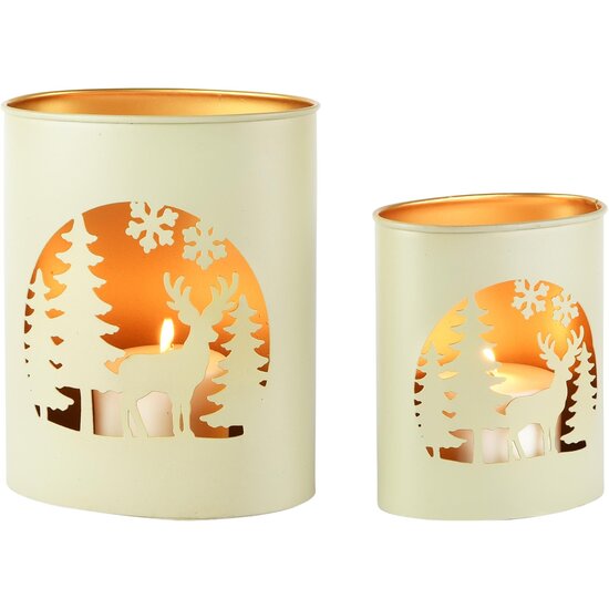 Dekoratief | Set 2 Waxinelichthouders 'Winter Forest', groen/goud, metaal, 16x12x20cm | A268182
