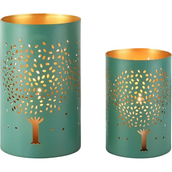 Dekoratief | Set 2 Waxinelichthouders 'Seasons Tree', groen/goud, metaal, 12x12x20cm | A268178
