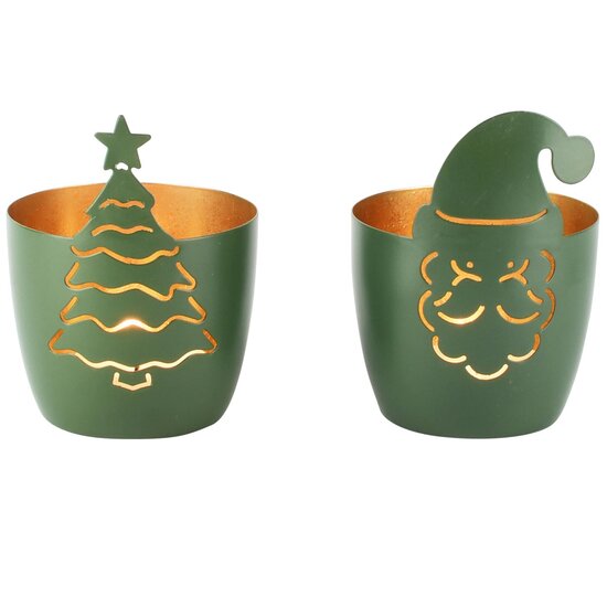 Dekoratief | Theelichthouder m/santa/boom, groen, metaal, 10x10x14cm, set van 2 stuks | A268176
