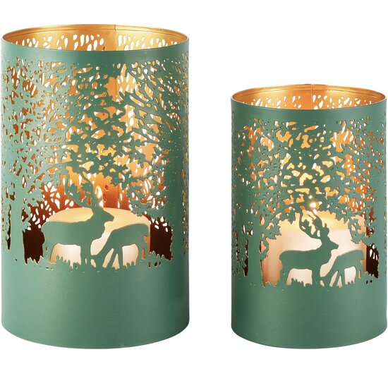 Dekoratief | Set 2 Waxinelichthouders 'Wild Deer', groen/goud, metaal, 12x12x20cm | A268175