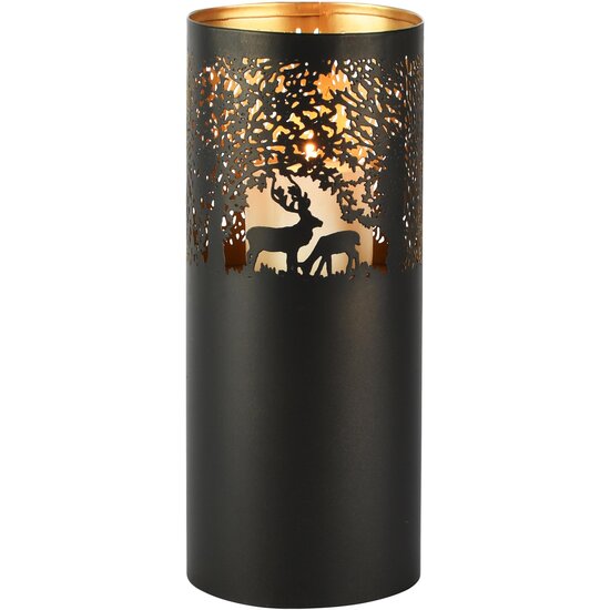 Dekoratief | Waxinelichthouder 'Wild Deer', zwart/goud, metaal, 13x13x30cm | A268174