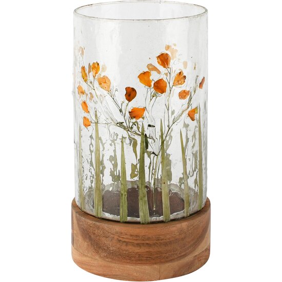 Dekoratief | Theelichthouder 'Meadow Poppy', glas/hout, 13x13x23cm | A268133