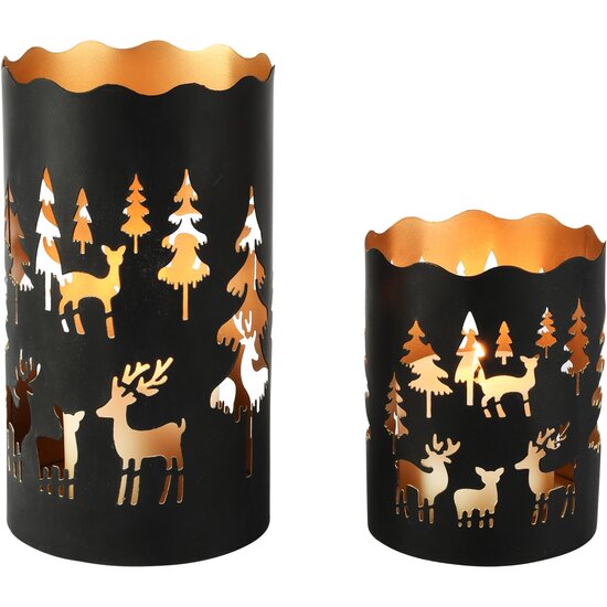 Dekoratief | Set 2 Waxinelichthouders 'Reindeer Forest', zwart/goud, metaal, 12x12x20cm | A268075
