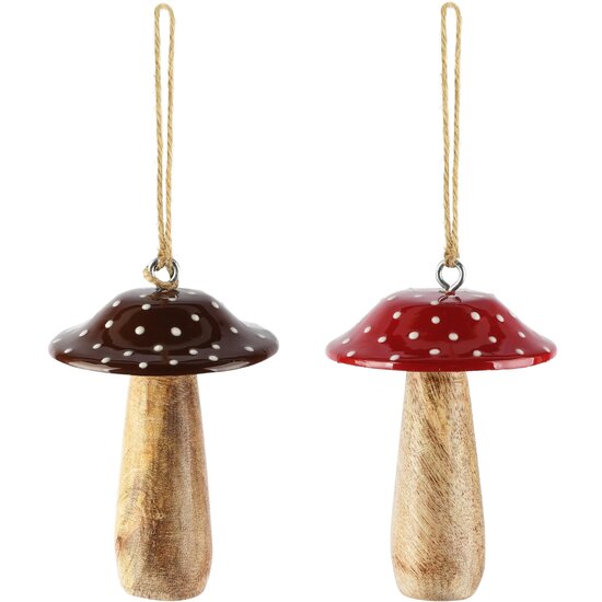 Dekoratief | Hanger paddenstoel, rood/bruin/naturel, hout, 7x7x10cm, set van 2 stuks | A268067