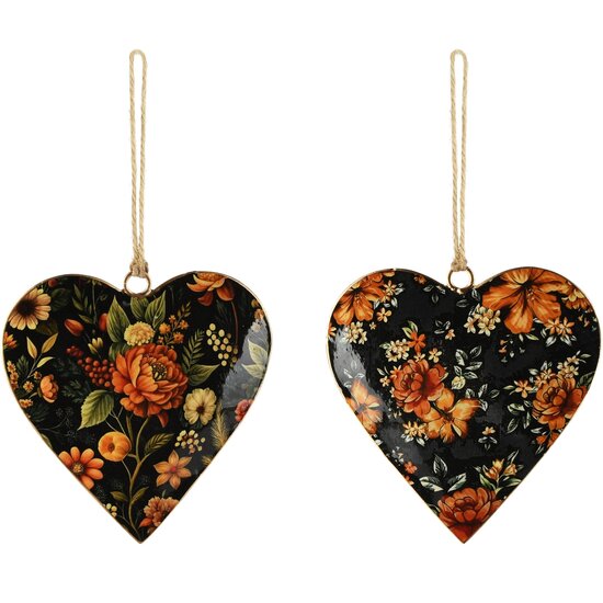 Dekoratief | Hanger hart m/bloemen, zwart/oranje, metaal, 10x1x10cm, set van 2 stuks | A268066