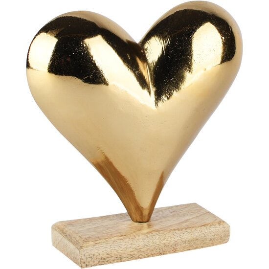 Dekoratief | Deco hart op voet, goud/naturel, aluminium/hout, 16x5x17cm | A268063