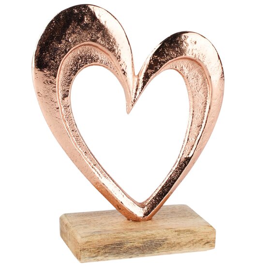 Dekoratief | Deco hart op voet, ros?/naturel, aluminium/hout, 12x5x17cm | A268060