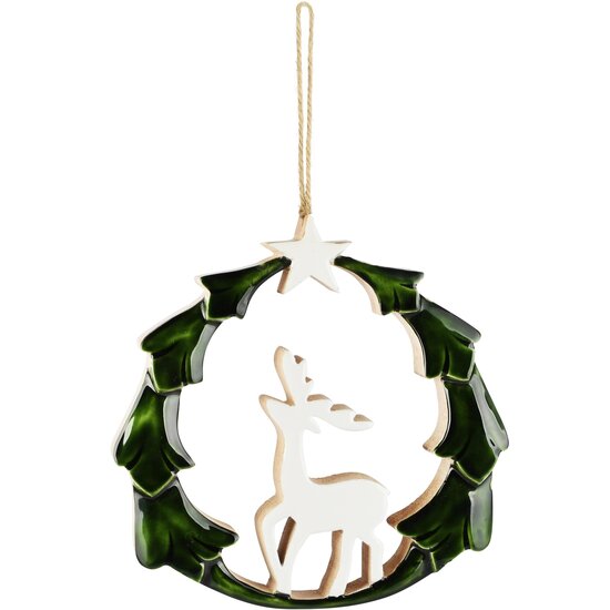 Dekoratief | Hanger rendier m/ster, groen/wit, hout, 20x3x20cm | A268041