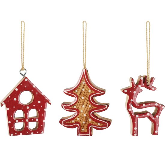 Dekoratief | Hanger huisje/boom/rendier, naturel/rood, hout, 7x1x8cm, set van 3 stuks | A268038