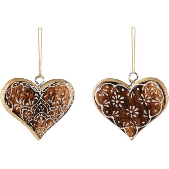 Dekoratief | Hanger hartje, naturel/wit, hout, 7x1x8cm, set van 2 stuks | A268037