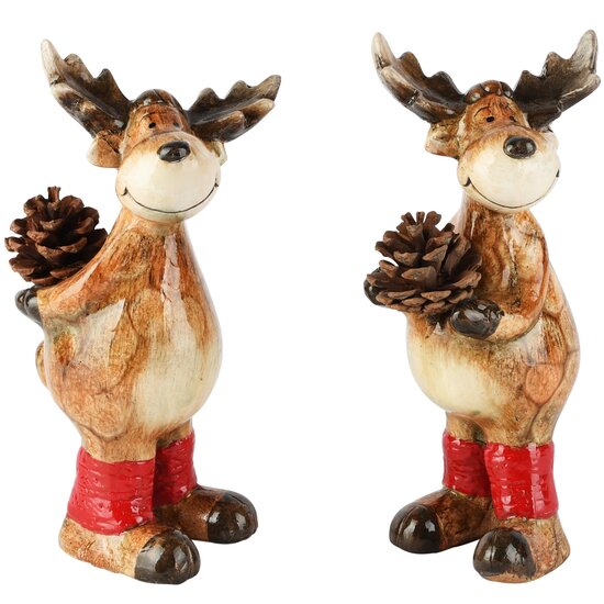 Dekoratief | Rendier m/dennenappel, bruin, keramiek, 11x11x21cm, set van 2 stuks | A265046