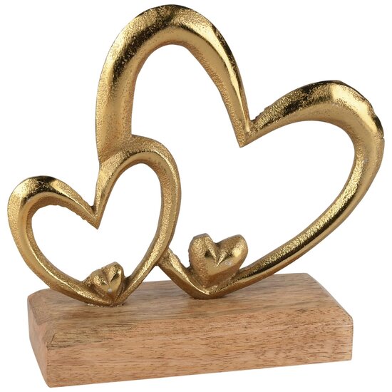 Dekoratief | Deco harten op voet, goud/naturel, metaal/hout, 15x5x15cm | A268017