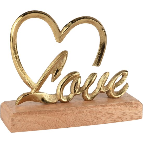 Dekoratief | Deco hart 'Love' op voet, goud/naturel, metaal/hout, 16x5x14cm | A268015