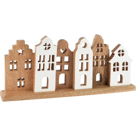 Dekoratief | Deco huizenrij, naturel/wit, hout/enamel, 37x5x17cm | A268013