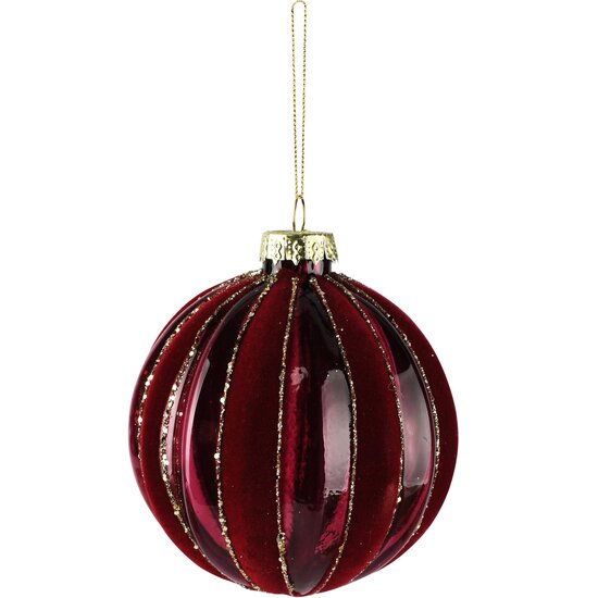 Dekoratief | Hanger bal gestreept, bordeaux/goud, glas, 8x8x8cm | A265991