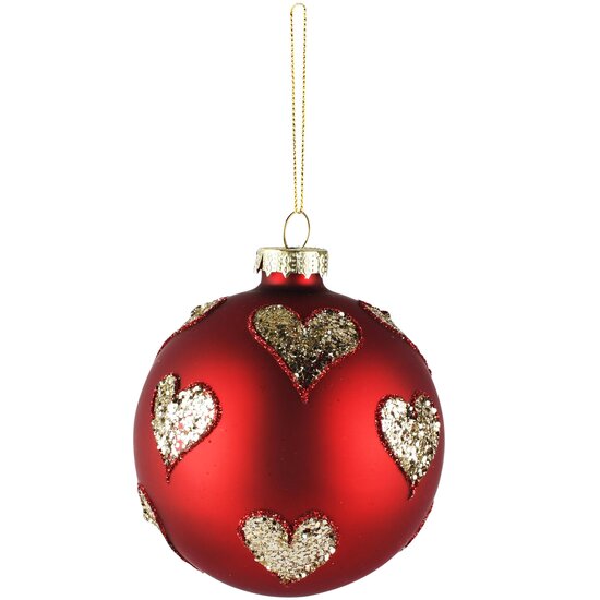 Dekoratief | Hanger bal m/hartjes, rood/goud, glas, 8x8x8cm | A265987