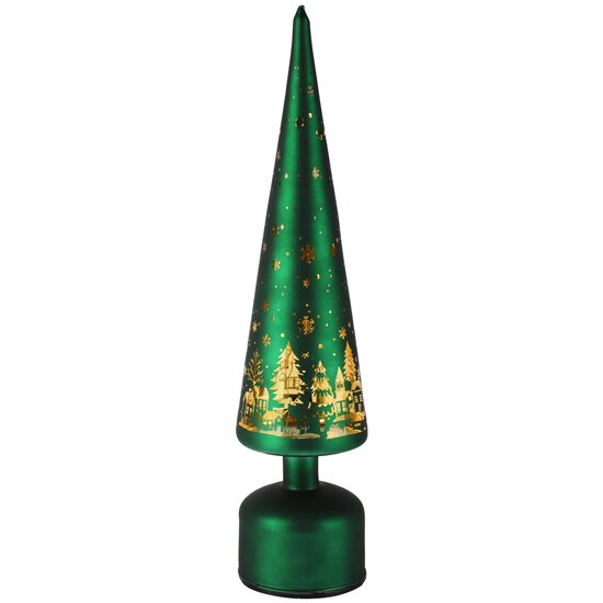 Dekoratief | Kegel vormboomje op voet, groen, glas, roterend, LED, 9x9x40cm | A265982