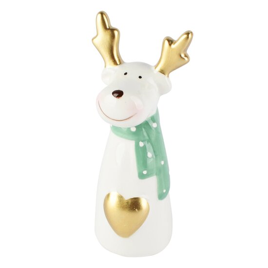 Dekoratief | Deco rendier m/hartje, wit/groen/goud, dolomiet, 5x5x13cm | A265962