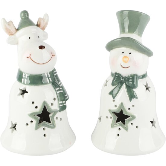 Dekoratief | Rudolf/sneeuwman, wit/groen, dolomiet, LED, 8x8x13cm, set van 2 stuks | A265958