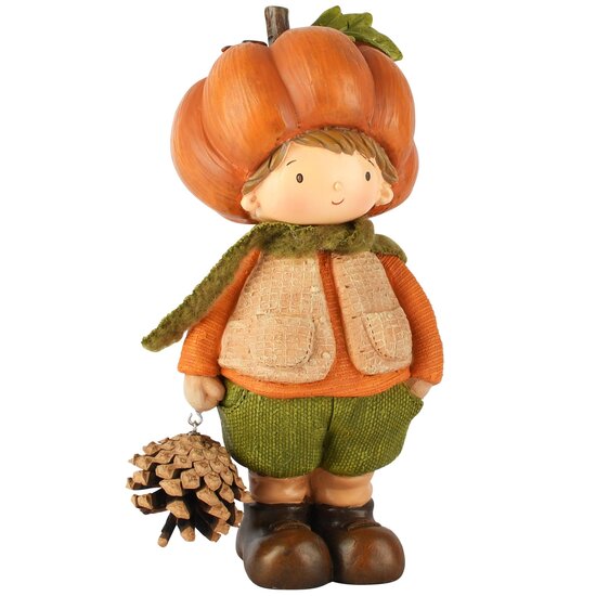 Dekoratief | Deco jongen m/pompoenmuts, oranje/groen, resina, 11x9x19cm | A265190