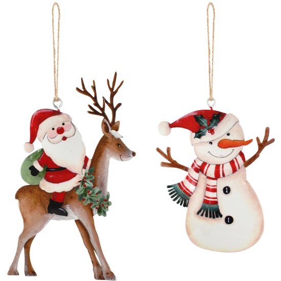 Dekoratief | Hanger santa/sneeuwman, wit/rood, metaal, 8x11x1cm, set van 2 stuks | A265947