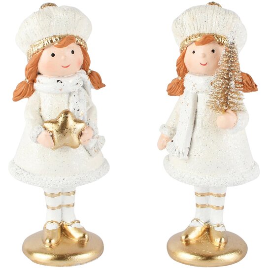Dekoratief | Winterkindje m/boompje/ster, goud/wit, resina, 6x5x15cm, set van 2 stuks | A265936