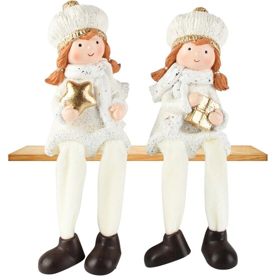 Dekoratief | Winterkindje m/hangbenen, wit/goud, resina, 7x6x10cm, set van 2 stuks | A265937