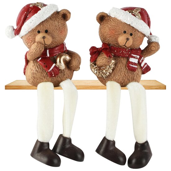 Dekoratief | Beertje m/hangbeentjes, bruin/rood, resina, 8x6x9cm, set van 2 stuks | A265933