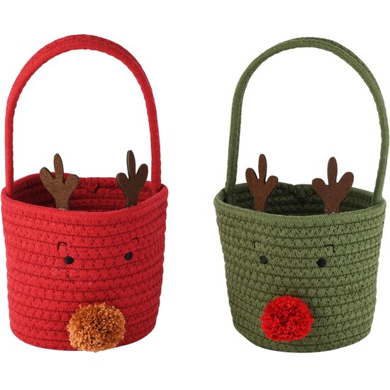 Dekoratief | Mandje rendier m/gewei, rood/groen, katoen, 15x15x17cm, set van 2 stuks | A265906