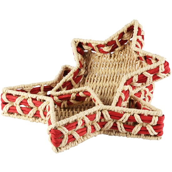 Dekoratief | Set 2 manden ster, rood/naturel, jute/papier, 35x35x7cm | A265902