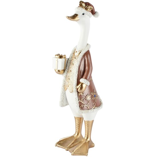 Dekoratief | Eend staand m/cadeautje, wit/goud, resina, 11x12x34cm | A265898