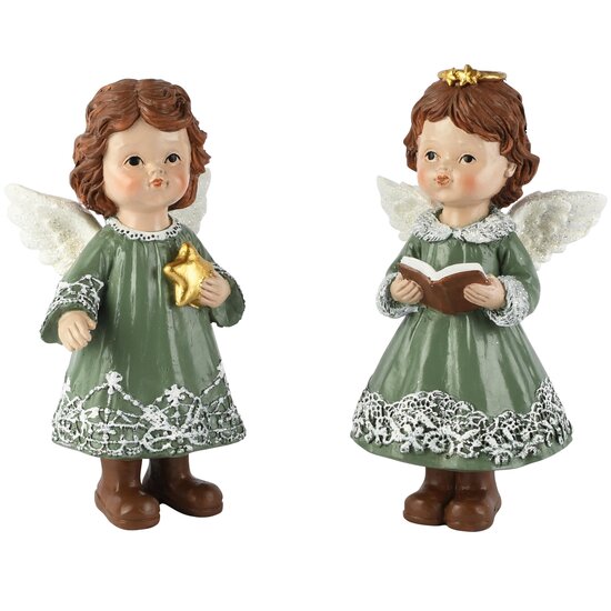 Dekoratief | Engeltje m/ster/boekje, groen/wit, resina, 10x7x16cm, set van 2 stuks | A265889