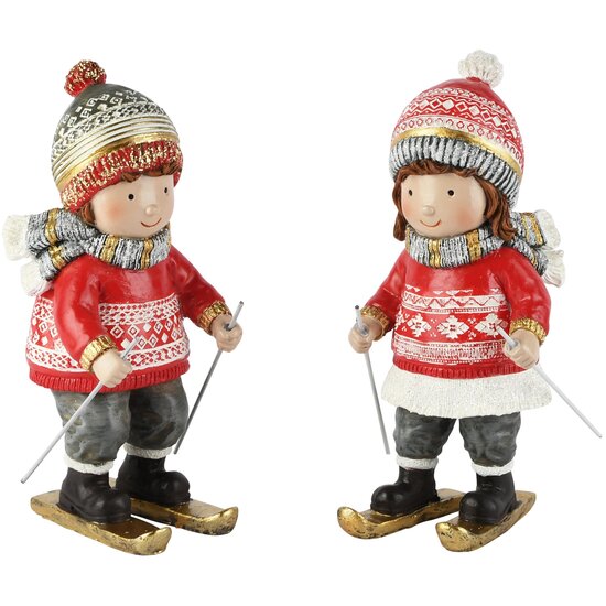 Dekoratief | Winterkindje op ski's, rood/goud, resina, 10x9x19cm, set van 2 stuks | A265886