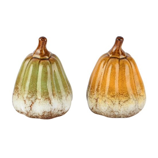 Dekoratief | Deco pompoen, geel/groen, porselein, 8x8x10cm, set van 2 stuks | A265868