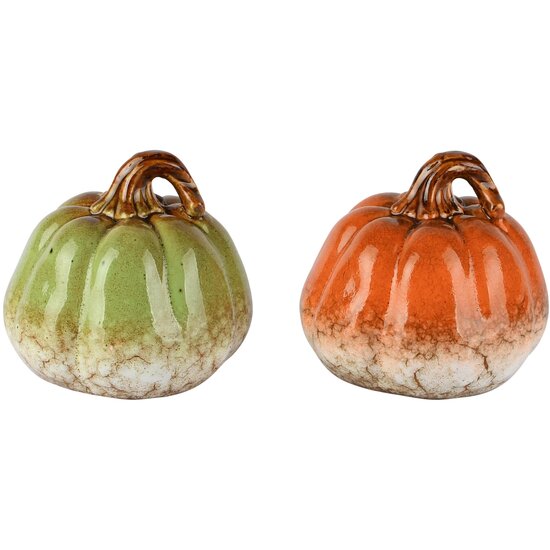 Dekoratief | Deco pompoen, groen/oranje, porselein, 11x11x10cm, set van 2 stuks | A265864