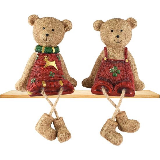Dekoratief | Beertje zittend m/hangbenen, bruin/rood, resina, 10x6x12cm, set van 2 stuks | A265856
