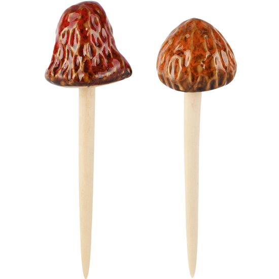 Dekoratief | Tuinprikker paddenstoel, keramiek/hout, 6x6x20cm, set van 2 stuks | A265819