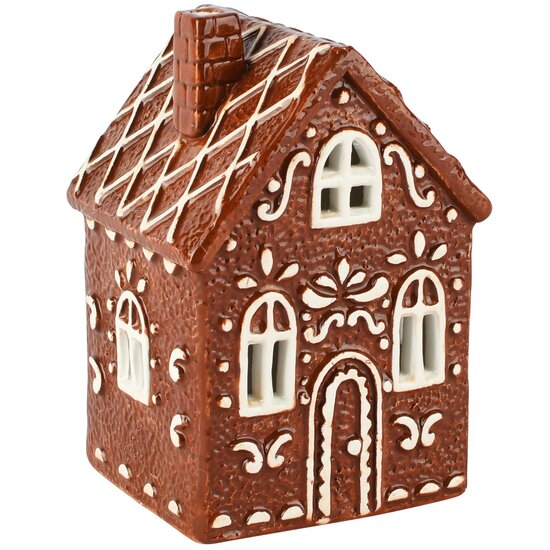 Dekoratief | Deco huisje, bruin/wit, keramiek, LED, 9x9x14cm | A265814