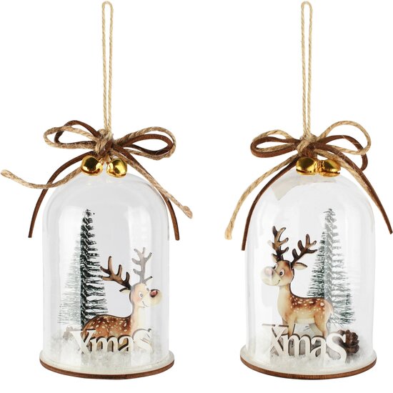 Dekoratief | Hanger globe m/rendiertje 'X-mas', glas, 7x7x11cm, set van 2 stuks | A265278